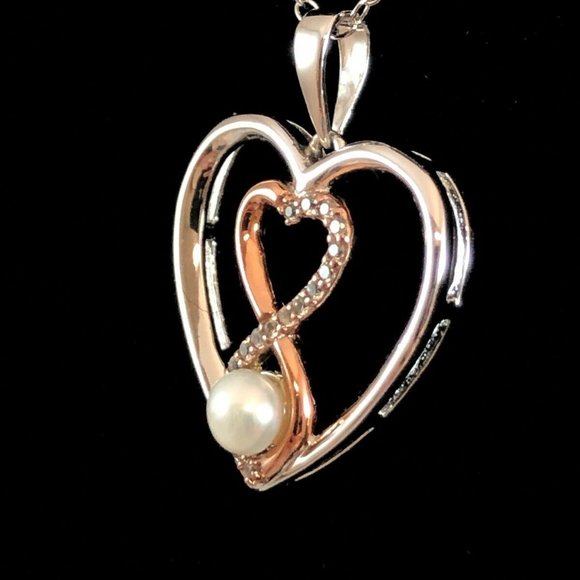 18k Rose Gold sterling Silver Pearl Infinity Heart Necklace $125 nwb - Picture 4 of 8